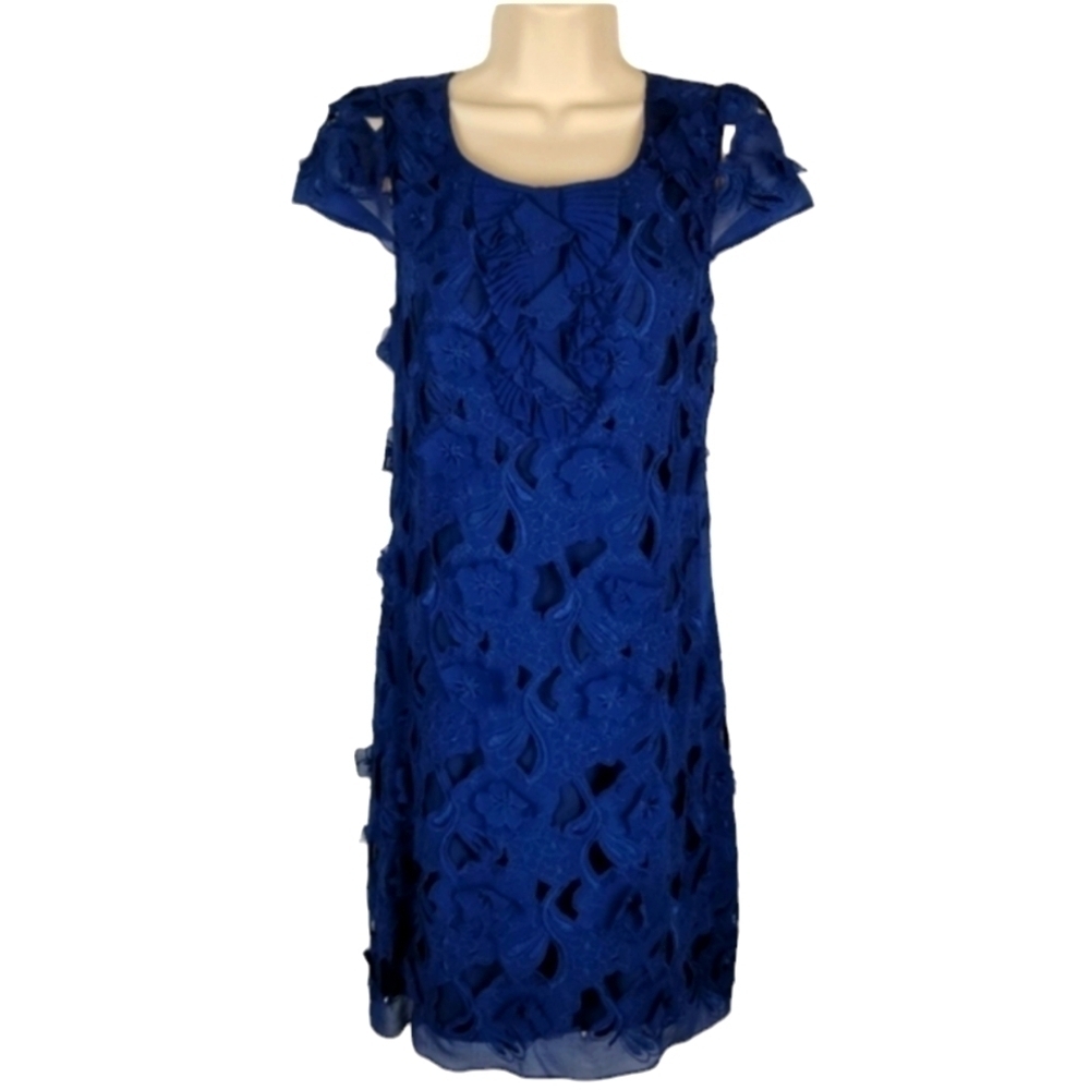 BCBGMaxAzria Silk Midi Dress Blue Flower Applicate Overlay Cap Sleeve Size 6